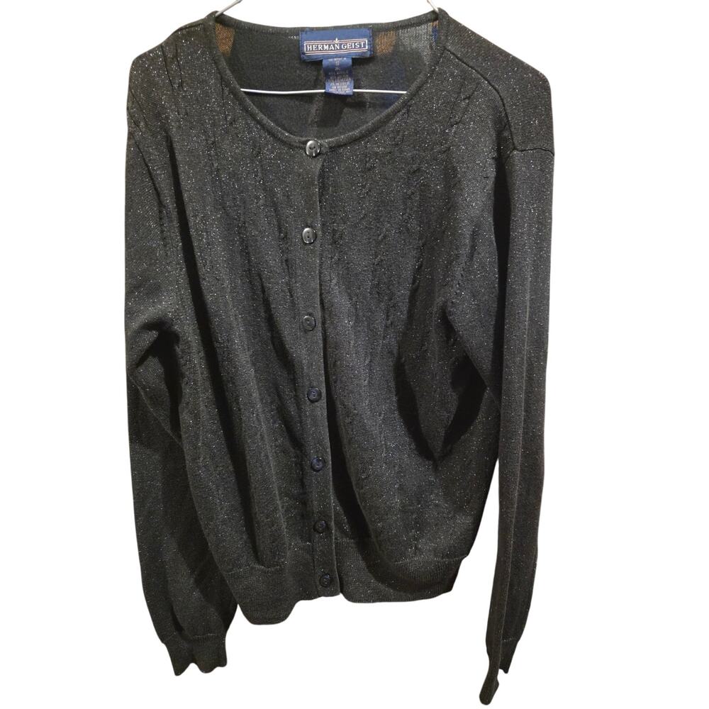 Vintage Herman Geist Cardigan Sweater S Womens Black Silver Sparkle‎ Holiday